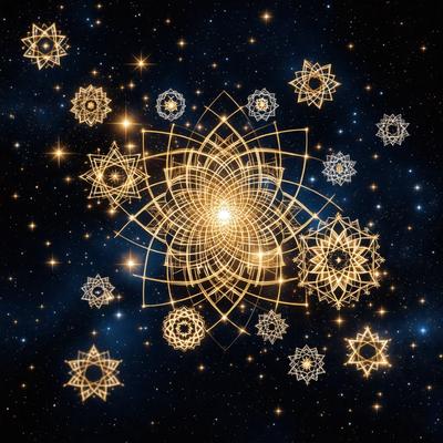 The primary subject of the image is a pattern of stars, which are arranged in a circular shape. The setting is a dark, starry sky, and the visual style is a combination of digital art and illustration. The colors and mood of the image are predominantly dark and mysterious, with the stars providing a sense of depth and intrigue.